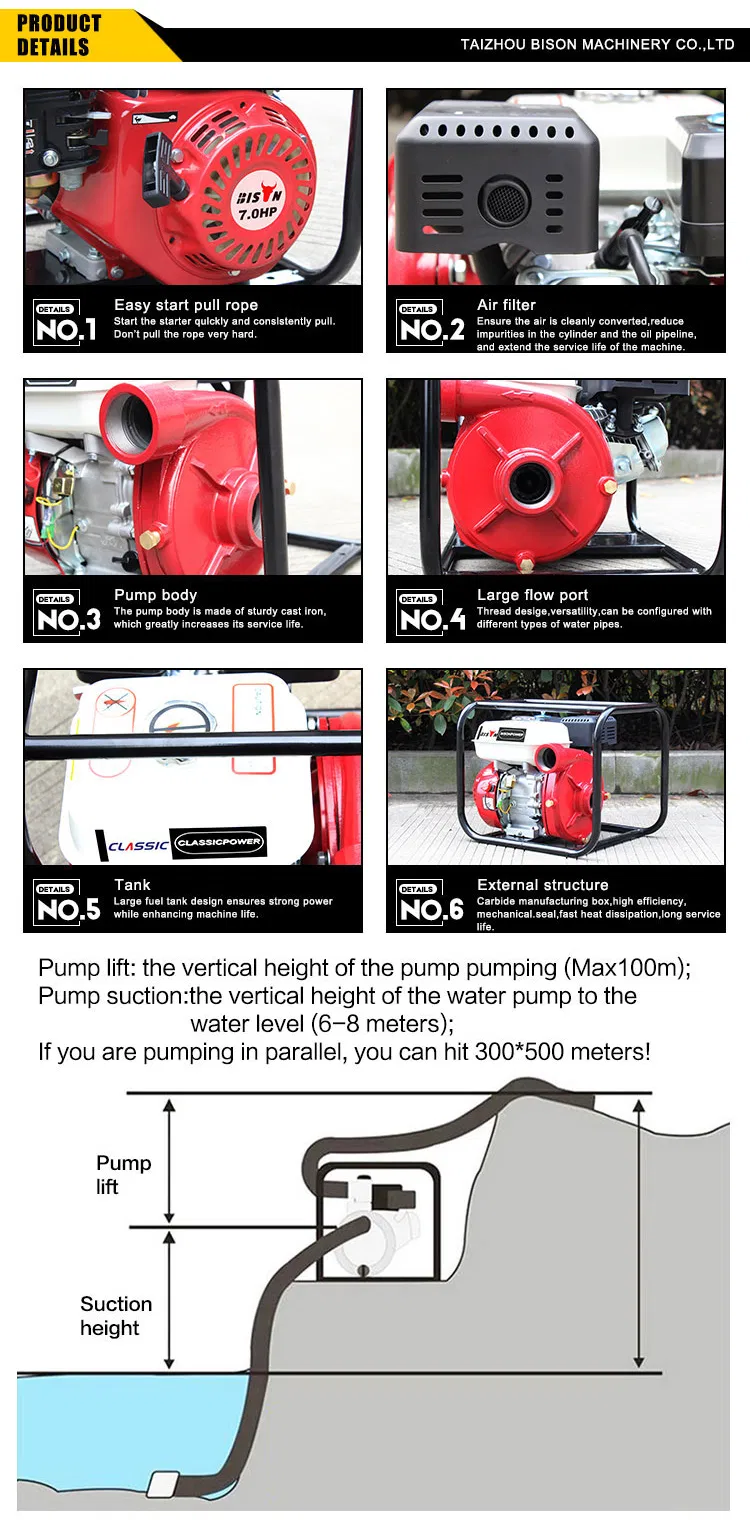 Bison 2-Inch High Lift Portable Gasoline Engine Cast Iron Self-Priming Pump for Water Delivery in Mountainous